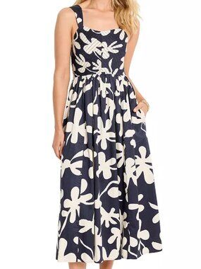 Nic+ Zoe Sarah Stretch Cotton Flower Midi Dress XS Blue Cream Vacation